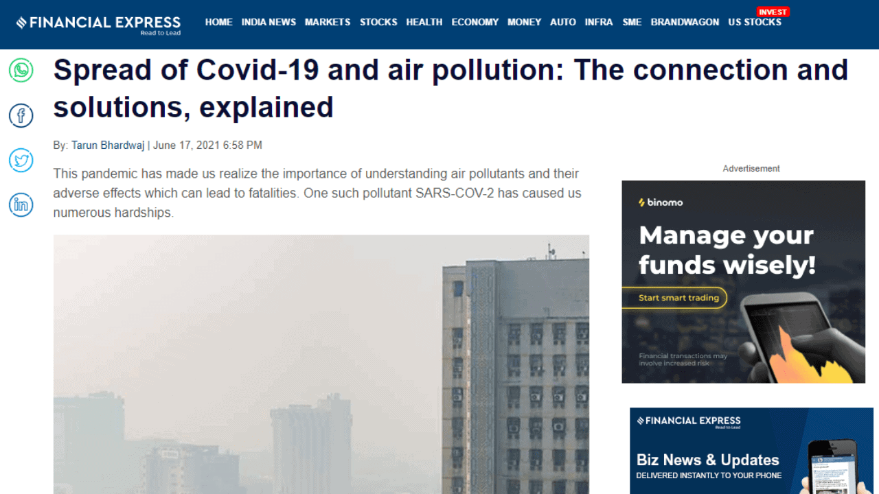 Financial Express Coverage - o2cure air purifier